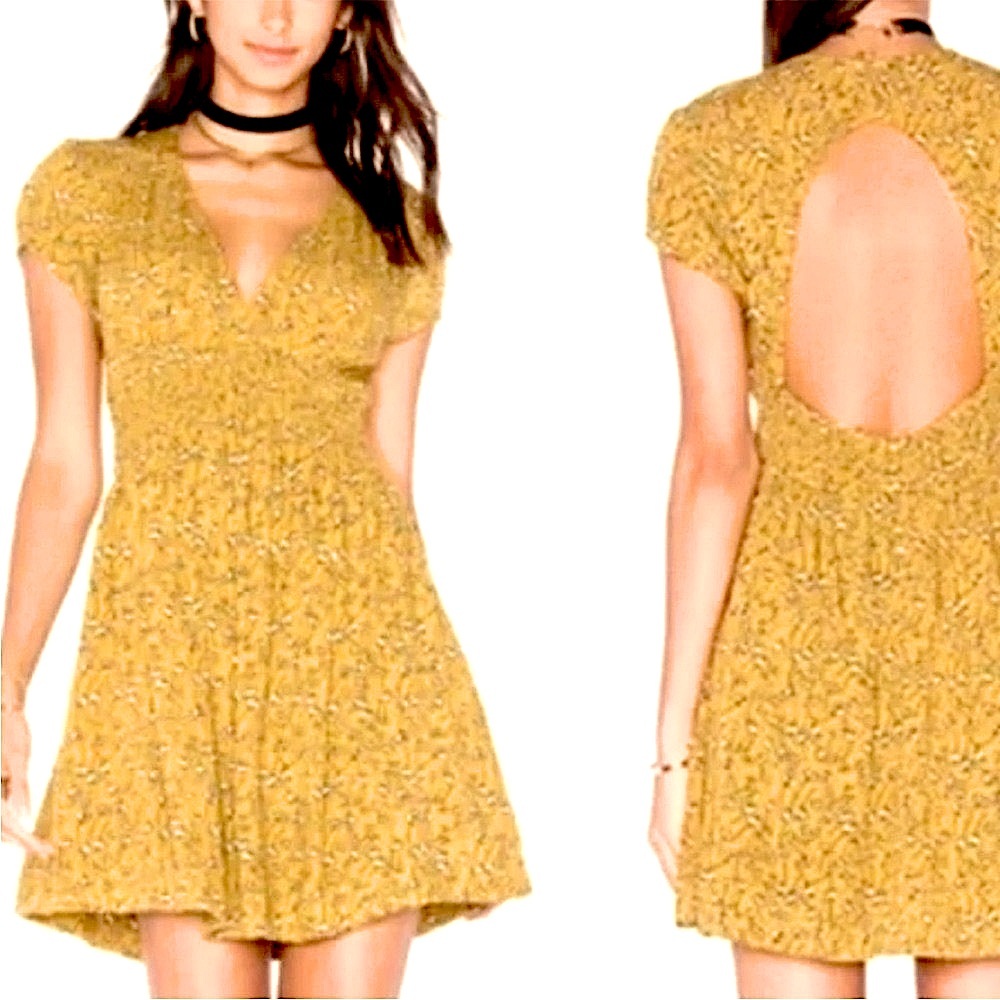 Free People Open Back Mini Dress. Mustard Yellow with Small Flowers. Size Small.